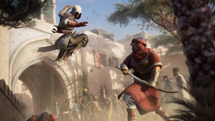 Basim, main character in Assassin’s Creed Mirage, leaps at a guard, his arm raised to strike