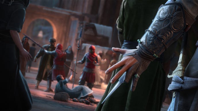The hand of an unseen assassin deploys a hidden blade, while guards attack a civilian in the street in Assassin's Creed Mirage