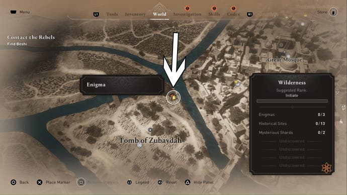 assassins creed mirage, the surrender enigma location is being pointed to by an arrow on a close up map