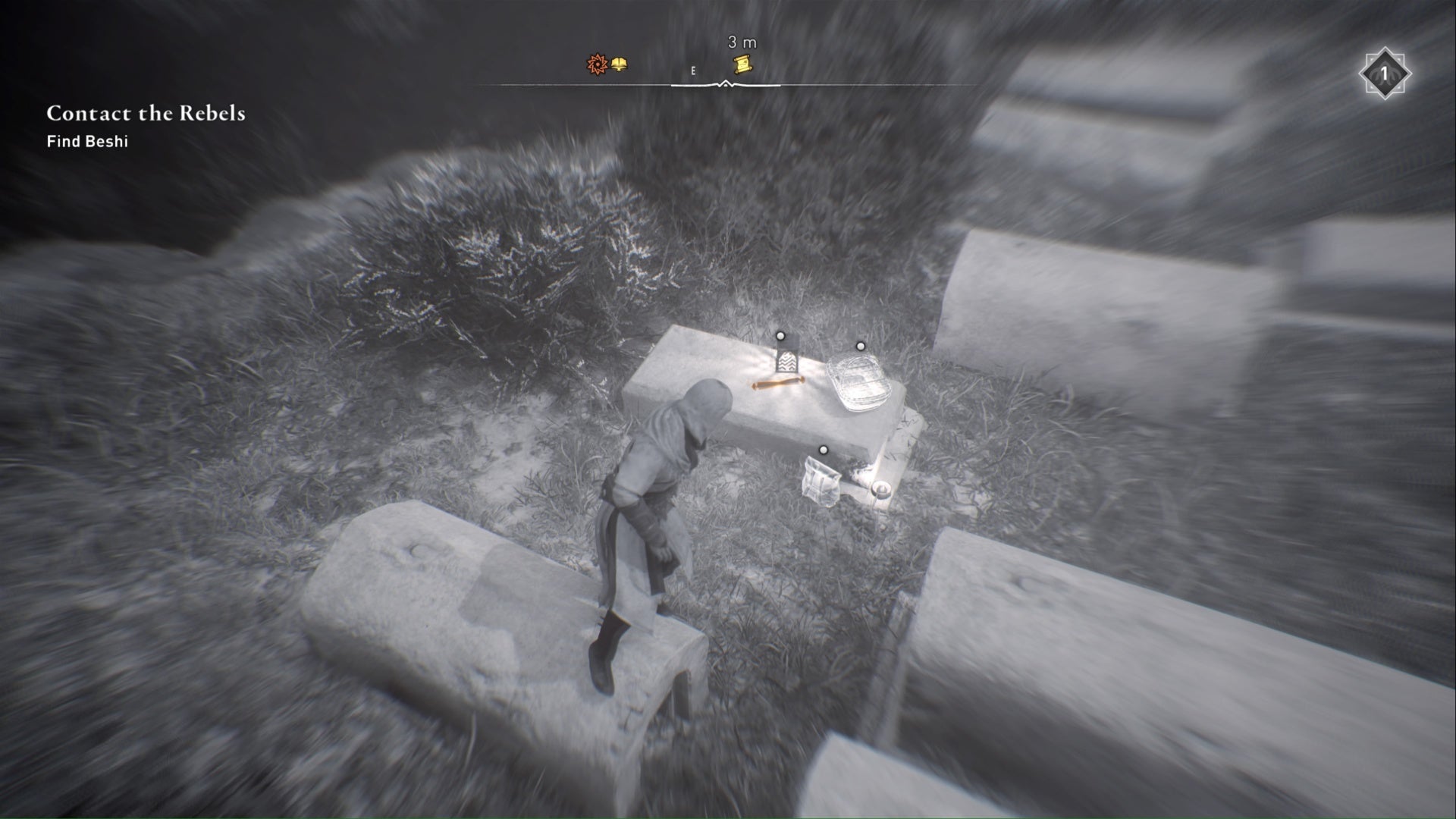 assassins creed mirage, Basim is using his eagle vision to highlight the surrender enigma scroll at the tomb of zubaydah.