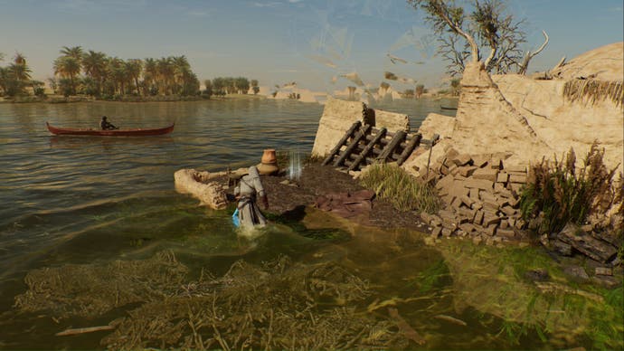 assassins creed mirage, Basim is standing in water up to his knees facing the surrender enigma reward location in an ukbara sunken house.