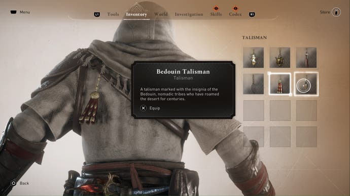 assassins creed mirage talisman inventory showing bedouin talisman details