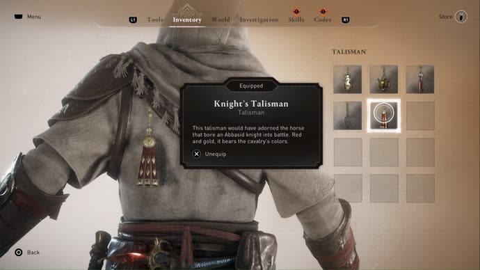 assassins creed mirage, the image is of the talisman inventory which is showing details for the knights talisman