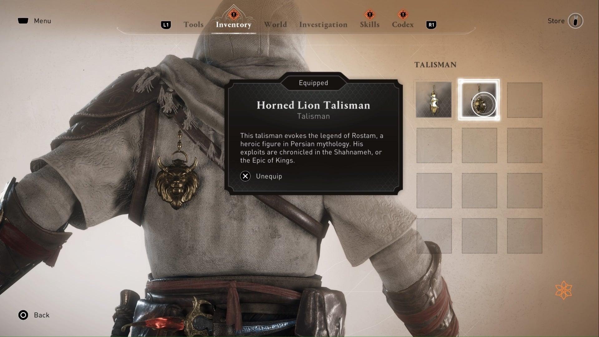 assassins creed mirage, the screen shows Basim&rsquo;s talisman inventory and details for the horned lion talisman.