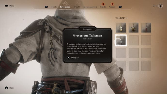 assassins creed mirage, the image is of the talisman inventory menu showing details for the mysterious talisman