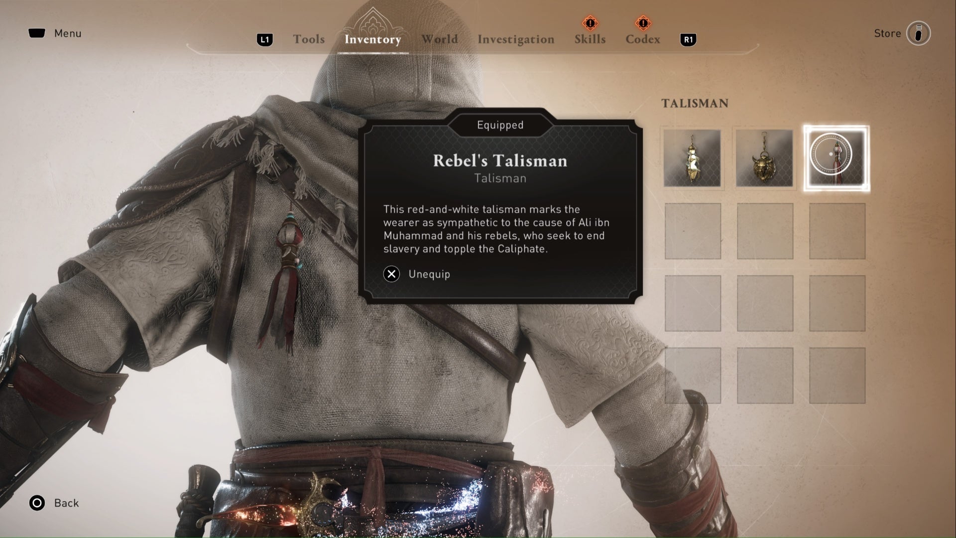 assassins creed mirage, the talisman menu with details being shown for the rebel&rsquo;s talisman