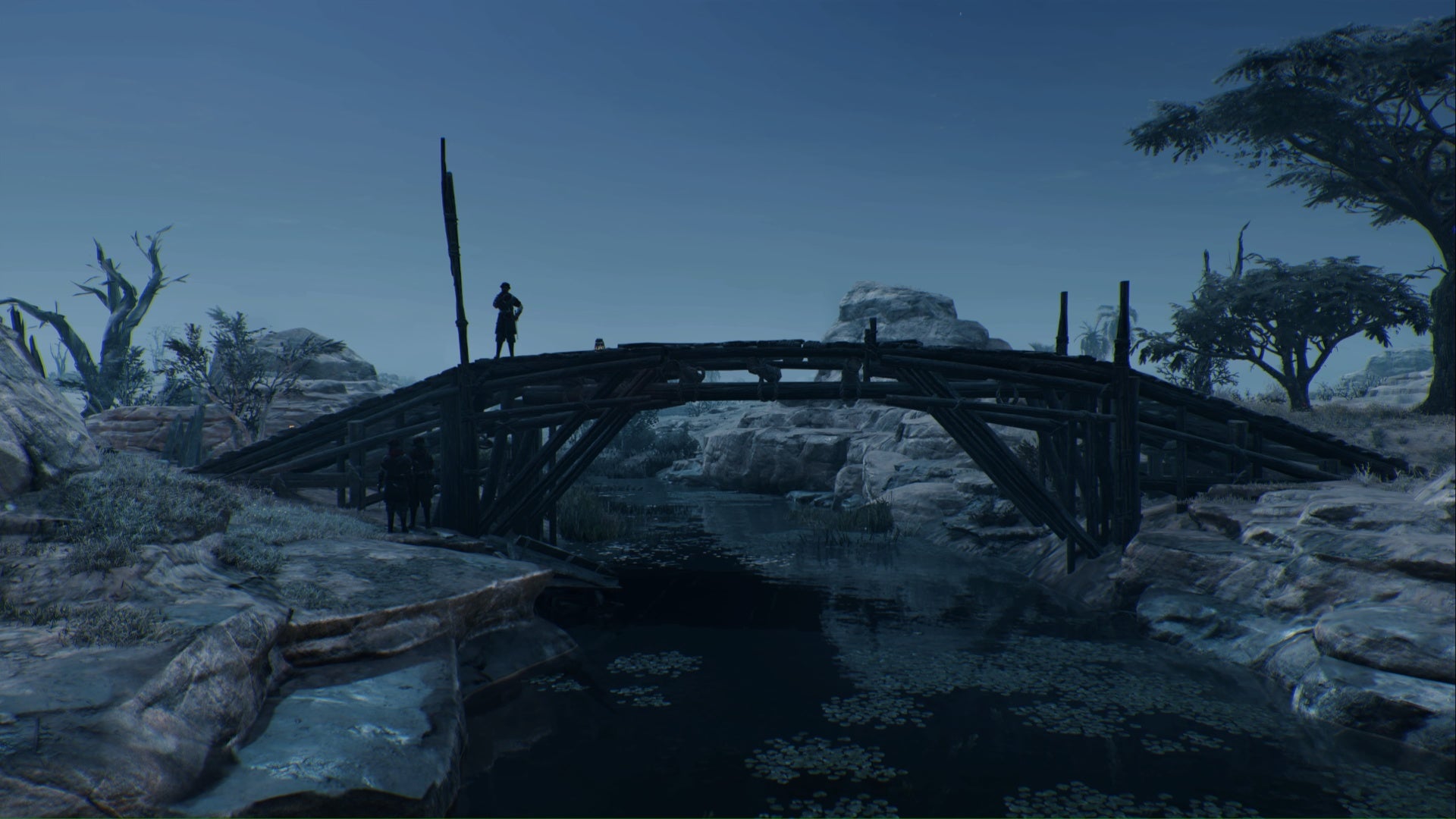 assassins creed mirage, a guard is standing on a wooden bridge