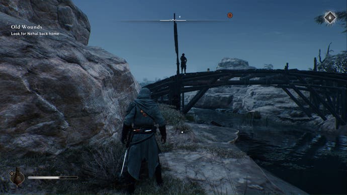 assassins creed mirage, Basim is facing a bridge with a guard on it and the gift enigma reward is on the rock in front of him.