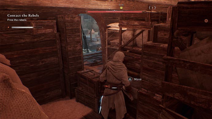 assassins creed mirage upper harbor gear chest puzzle basim pushing first crate towards chest
