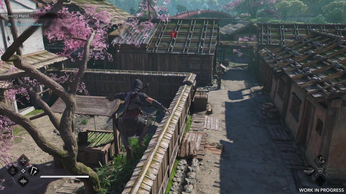 Naoe parkours across traditional Japanese fences and rooftops.