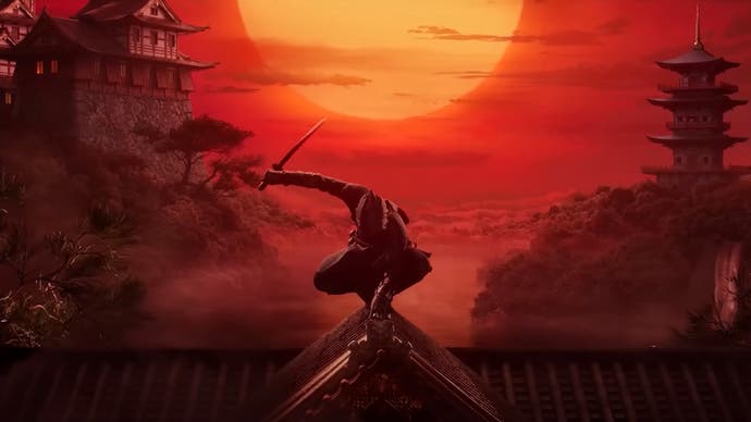 A teaser image for Assassin's Creed: Codename Red showing a feudal Japan-era samurai crouched on a rooftop in front of a blazing red sunset.