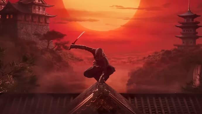 A screenshot from Ubisoft’s teaser trailer for Assassin’s Creed Codename Red, showcasing a shinobi perching on a rooftop in front of a red sky.