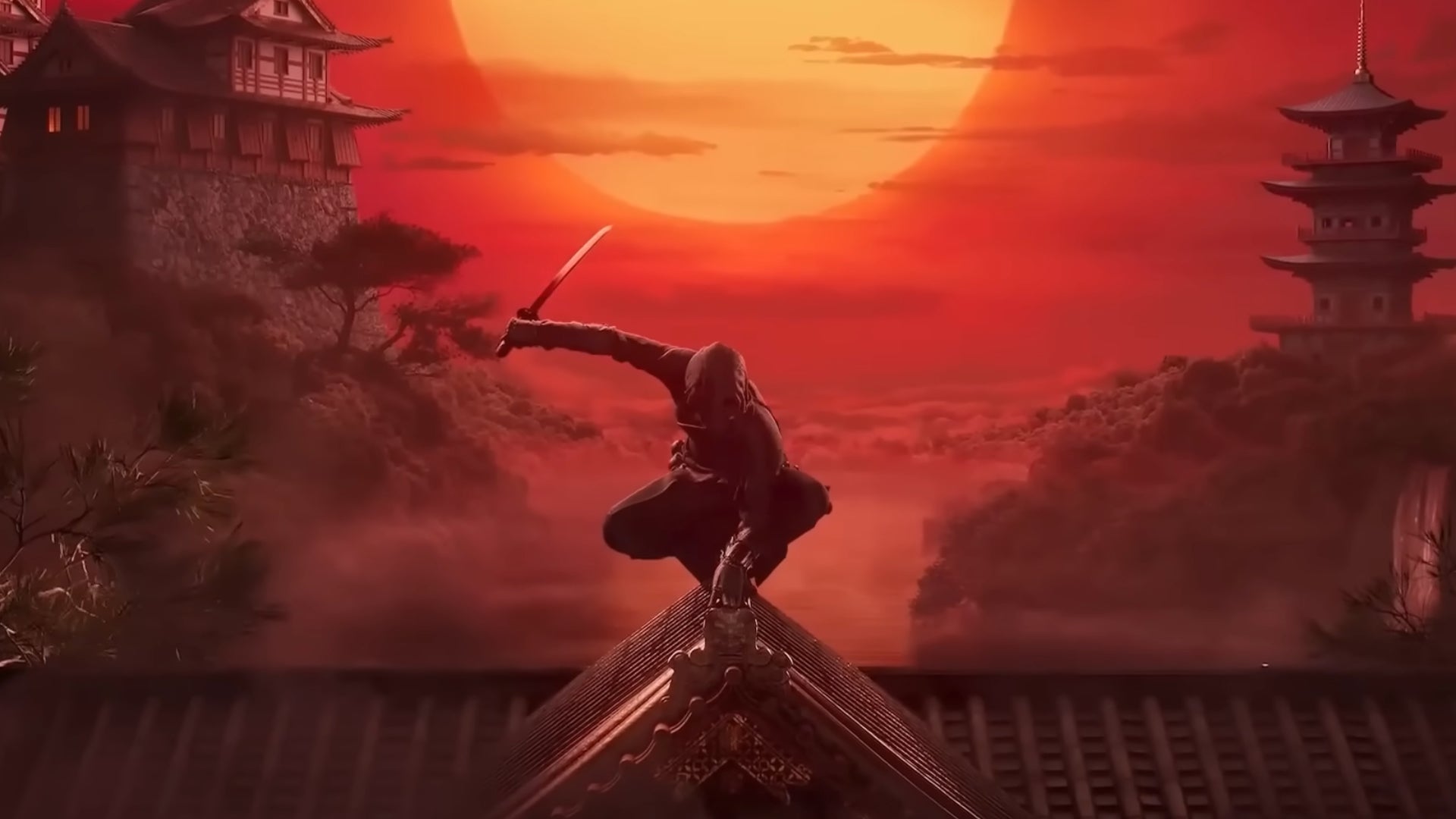 A screenshot from Ubisoft's teaser trailer for Assassin's Creed Codename Red, showcasing a shinobi perching on a rooftop in front of a red sky. - 1