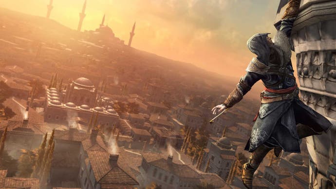 An aged Ezio hanging off the side of a tower in Assassin's Creed Revelations.
