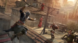 Ezio sliding towards a fight in Assassin's Creed Revelations.