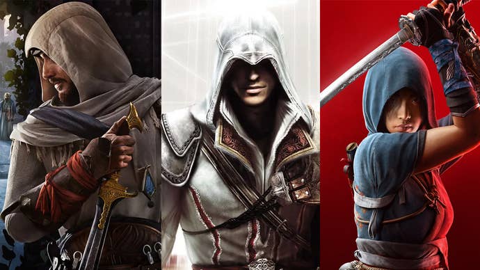 Artwork showing different heroes from Assassin’s Creed games, with Ezio, Naoe and Basim featured.