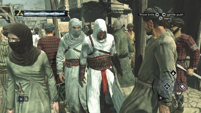 Altair walking among a crowd of people in the first game released in the Assassin's Creed series.