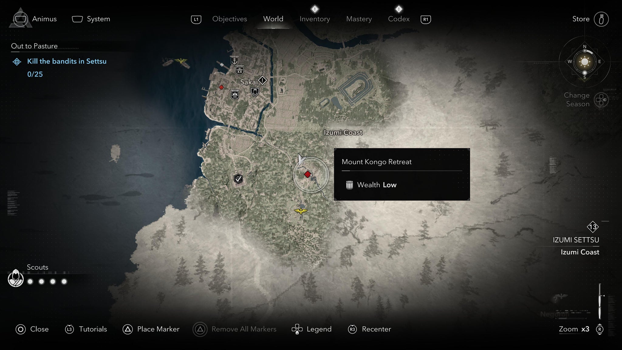 A map screen showing the red diamonds where bandits can be found in in Assassin's Creed Shadows. - 3