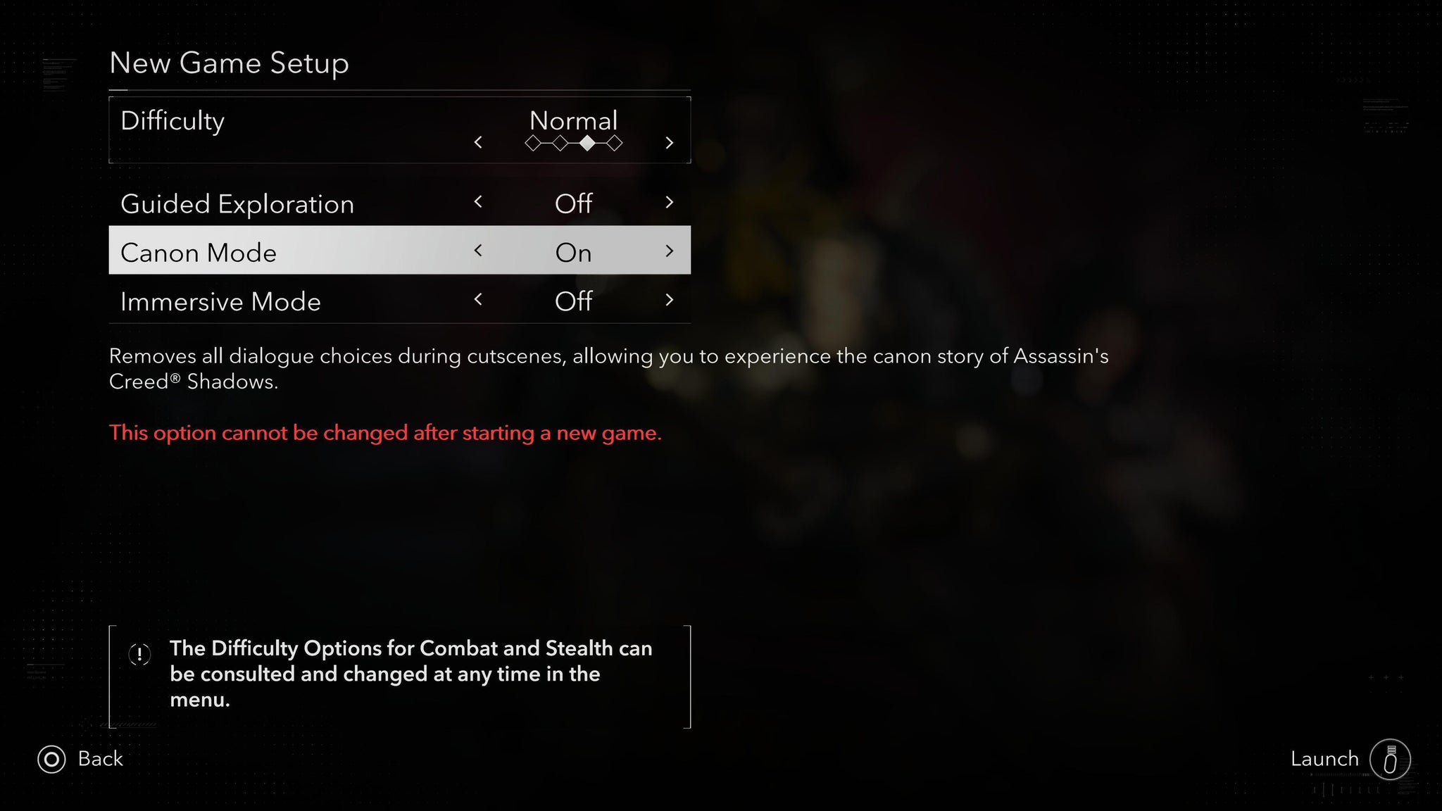 A new game setup screen in Assassin's Creed Shadows, including Canon Mode. The text explains in red that this option cannot be changed after starting a new game. - 5