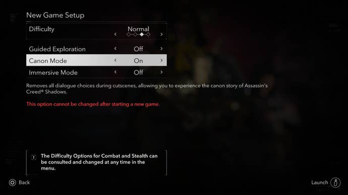 A new game setup screen in Assassin’s Creed Shadows, including Canon Mode. The text explains in red that this option cannot be changed after starting a new game.