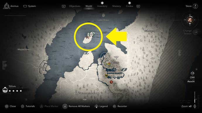 A map screen from Assassin’s Creed Shadows showing the location of the cat island, Okishima, inside a circle with a yellow arrow pointing towards it.