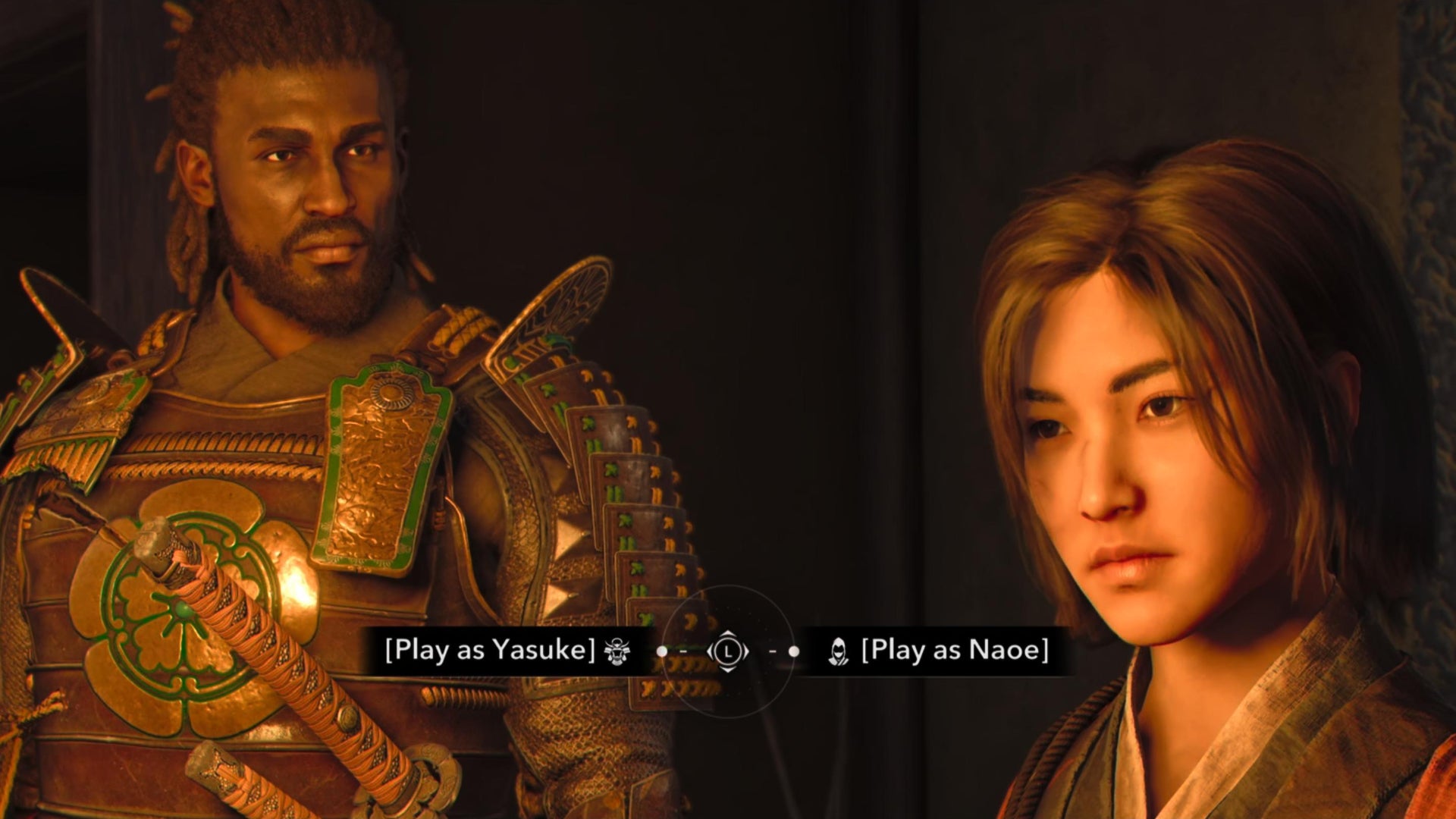 The two protagonists of Assassin's Creed Shadows, Yaoe and Yasuke, stand together in a warmly lit room. Text at the bottom of the screen prompts the player to choose between the two characters. - 7