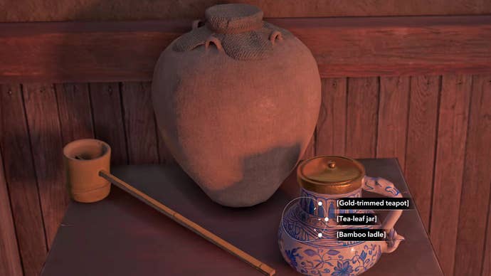 A close-up of three potential gifts in Assassin’s Creed Shadows: a teapot, a jar, and a ladle.