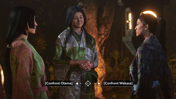 Three women stands in a group in a garden at night in Assassin’s Creed Shadows. A dialogue option at the bottom of the screen prompts the player to choose between “Confront Otama” and “Confront Wakasa”.