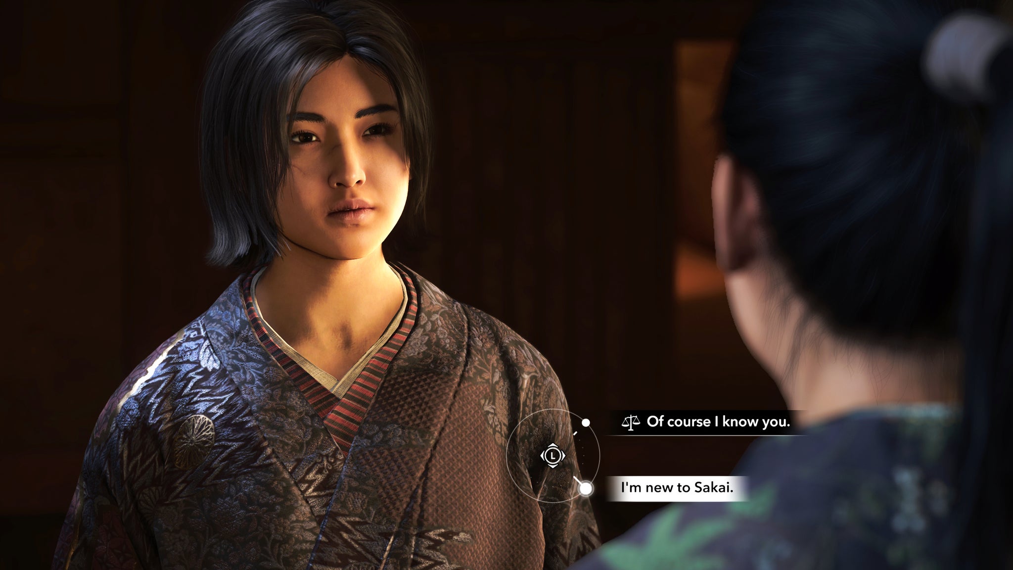 Naoe in Assassin's Creed Shadows speaks with Wakasa in a garden at night. - 6