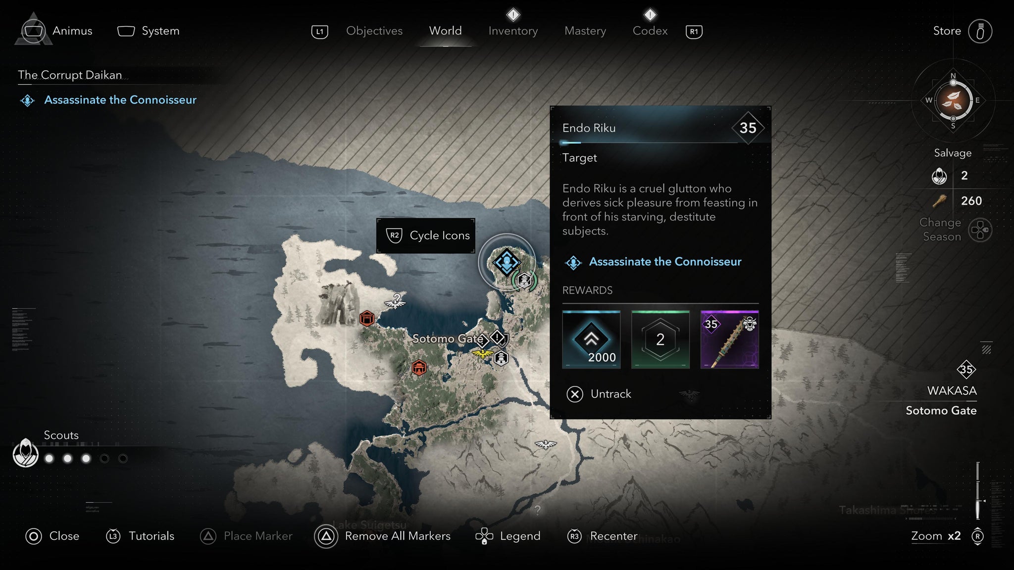 A map screen showing the location of The Connoisseur in Assassin's Creed Shadows. - 7