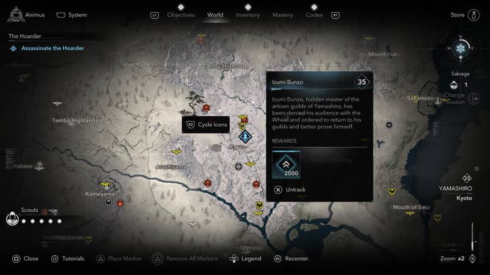 A map screen showing the location of the Corrupt Daikan, The Hoarder, in Assassin’s Creed Shadows.