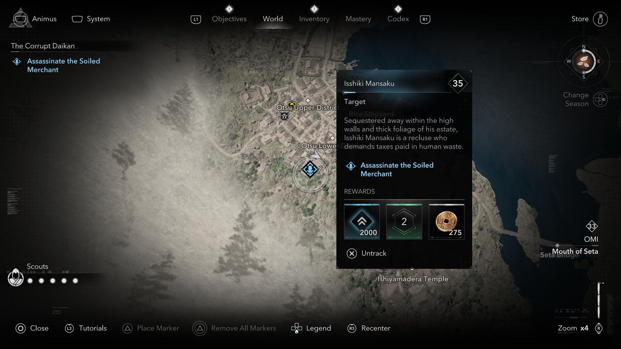 A map screen showing the location of the Corrupt Daikan, The Soiled Merchant, in Assassin's Creed Shadows. - 5