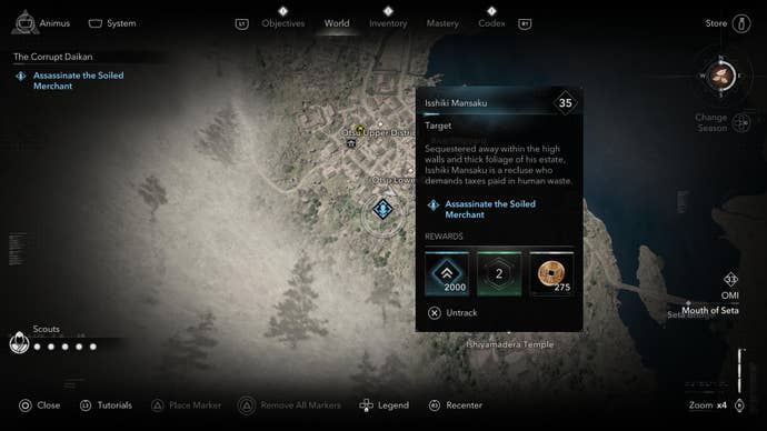 A map screen showing the location of the Corrupt Daikan, The Soiled Merchant, in Assassin’s Creed Shadows.