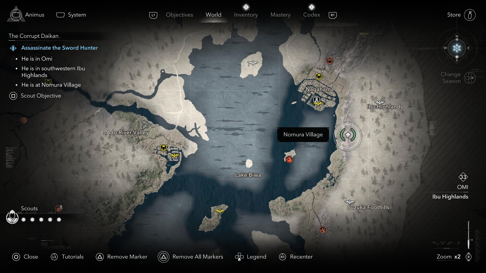A map screen showing the location of the Corrupt Daikan, The Sword Hunter, in Assassin's Creed Shadows. - 9