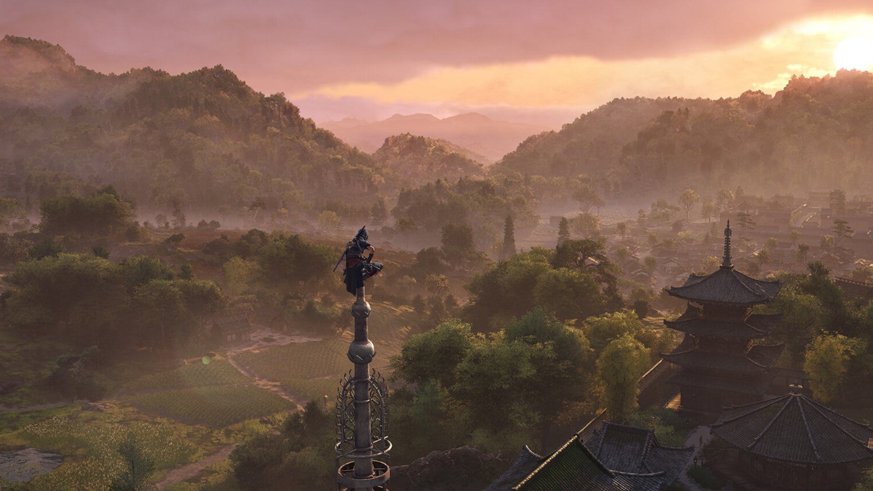 Naoe perched atop a tower in Assassin's Creed Shadows. - 1