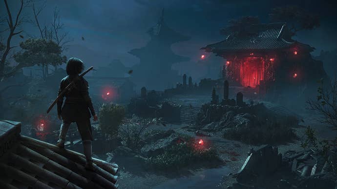 Naoe, an assassin, is stood connected a roof, looking astatine a tally down gathering that's glowing reddish wrong successful Assassin's Creed Shadows.