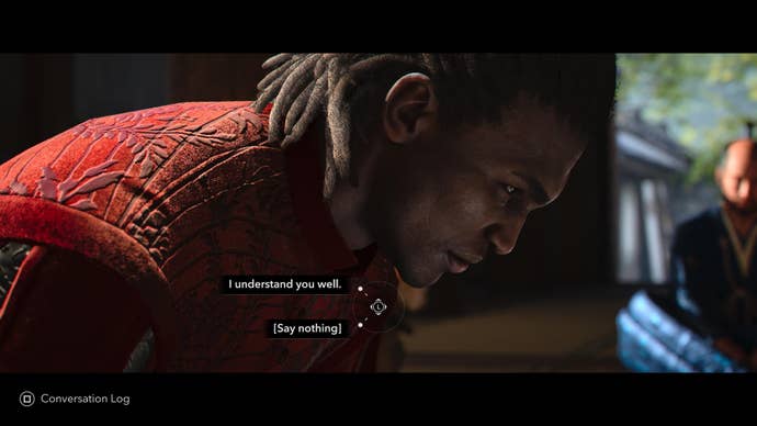 Yasuke with his head bowed, and two dialogue choices displayed at the bottom of the screen in Assassin’s Creed Shadows.