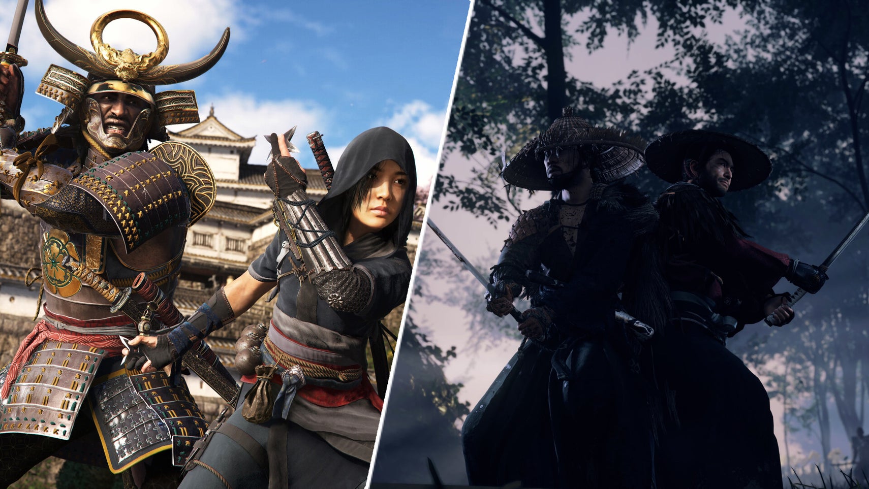 Yasuke and Naoe in Assassin's Creed Shadows alongside Jin Sakai and another dude in Ghost of Tsushima. - 1