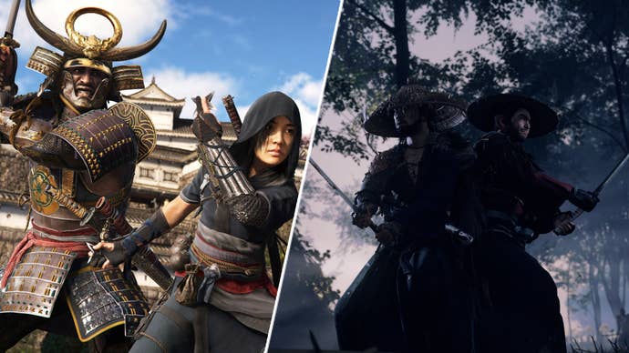 Yasuke and Naoe in Assassin’s Creed Shadows alongside Jin Sakai and another dude in Ghost of Tsushima.
