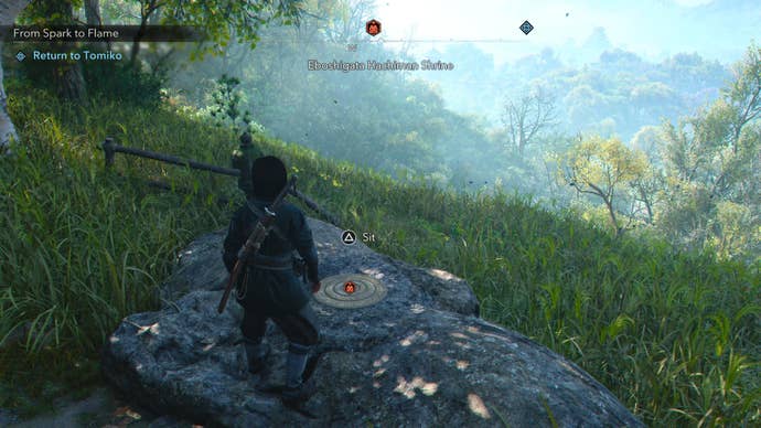 Standing in front of the Eboshigata Hachiman Kuji-kiri location in Assassin’s Creed Shadows, which is located on an expansive hilltop.