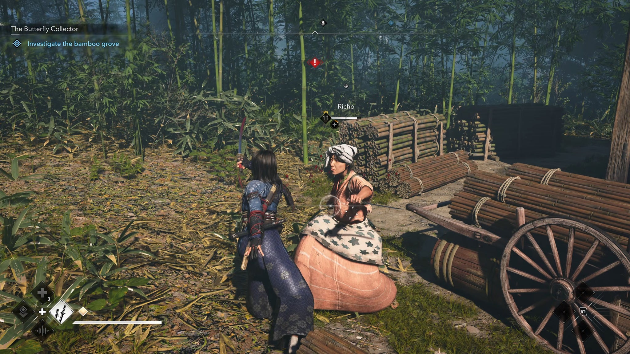 Naoe, protagonist of Assassin's Creed Shadows, fights against Richo, a woman wielding two knives. The two women are surrounded by a bamboo grove. - 13