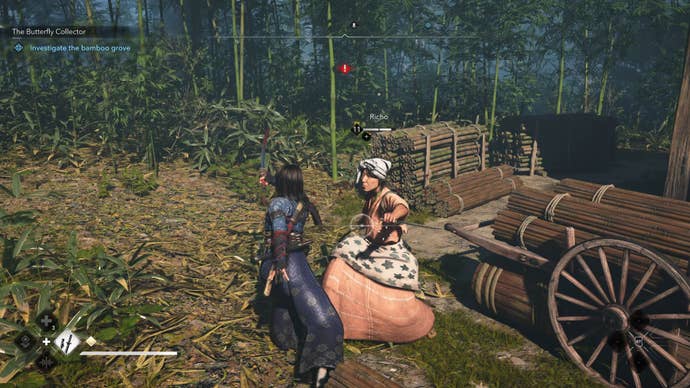 Naoe, protagonist of Assassin’s Creed Shadows, fights against Richo, a woman wielding two knives. The two women are surrounded by a bamboo grove.