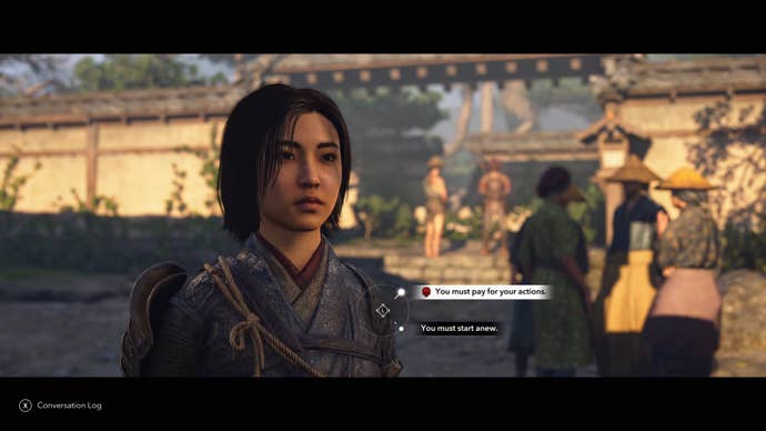 Naoe in Assassin’s Creed Shadows faces a dialogue choice to kill or spare the Gamemaker in the Butterfly Collector quest.
