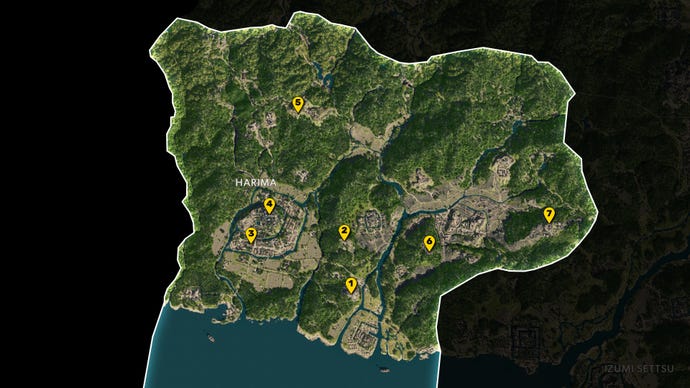 Parte del mapa de Assassin's Creed Shadows, con todo excepto la región de Harima Greyed, y todos los puntos de vista en la región marcados y numerados en amarillo.