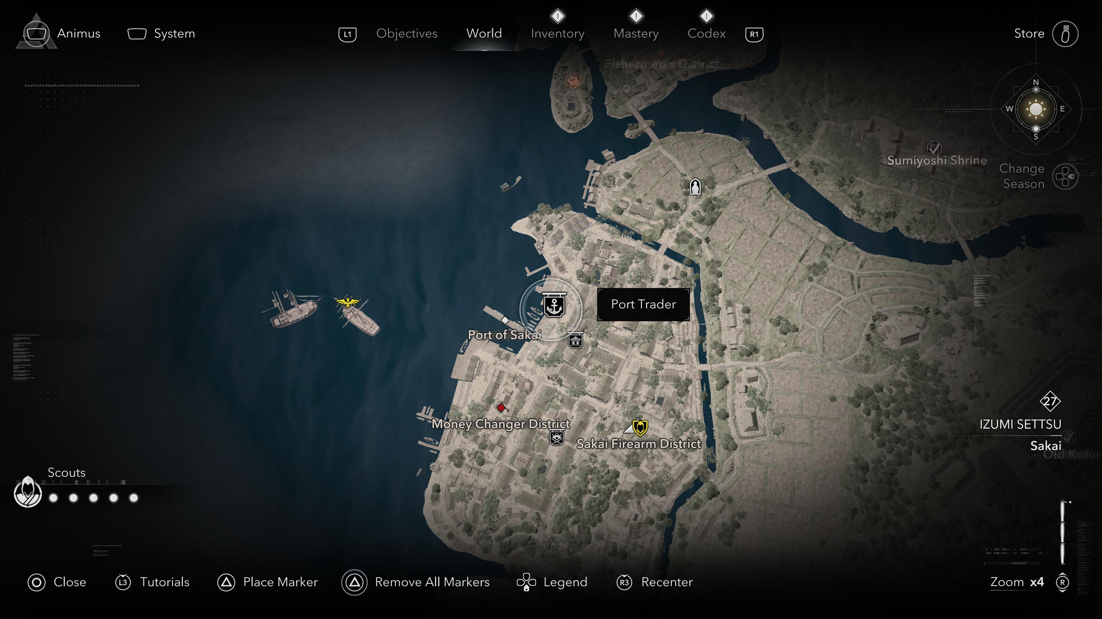 A map screen showing the location of a port trader dealing crops, wood and minerals in Assassin's Creed Shadows.