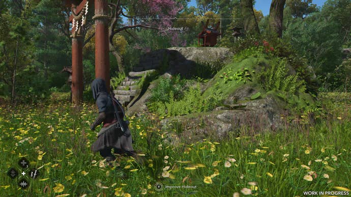 A female shinobi walks up to a red torii gate and shinto shrine in Assassin’s Creed Shadows.