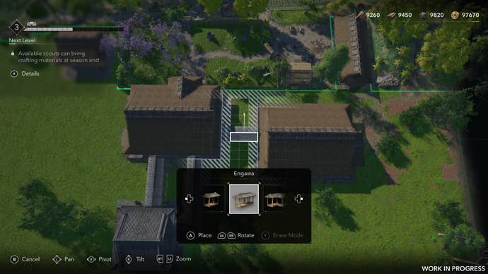 An engawa corridor is being constructed between two buildings in the Hideout building mode of Assassin’s Creed Shadows.