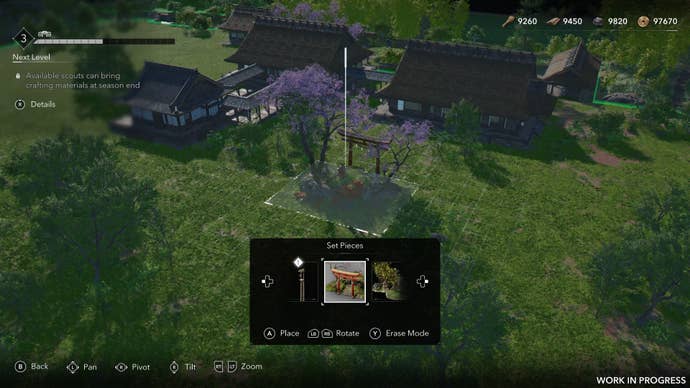 A shinto shrine with sakura trees is being placed on a grassy village plain in Assassin’s Creed Shadows.