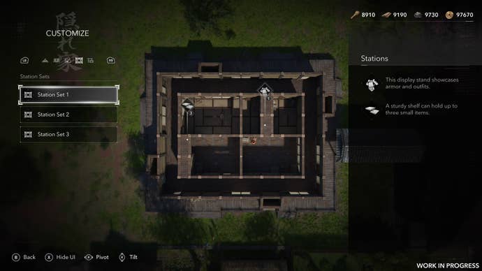A top down view of a building as the player decides what decoration sets to use in Assassin’s Creed Shadows.