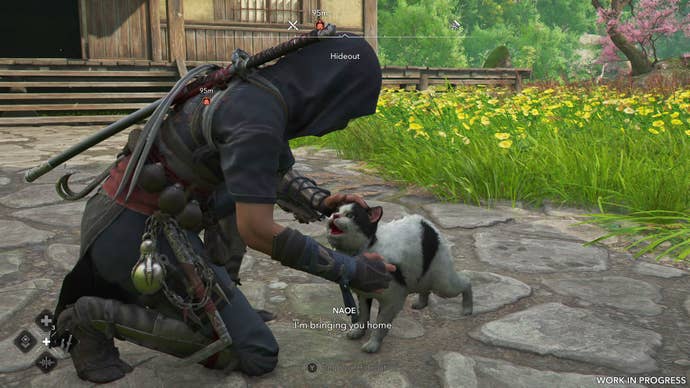 Naoe pets a black and white cat in the Hideout of Assassin’s Creed Shadows.